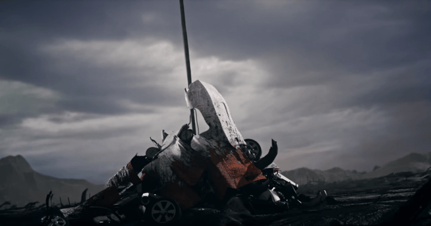 A still from the music video showing the apocalyptic future. oh love 2