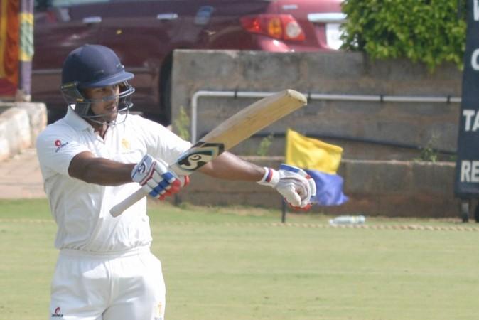 Mayank Agarwal celebrates his century against Delhi in Ranji Trophy on November 9, 2017 in Alur, near Bengaluru. Mayank Agarwal