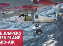Watch insane moment wingsuit fliers land in a moving plane