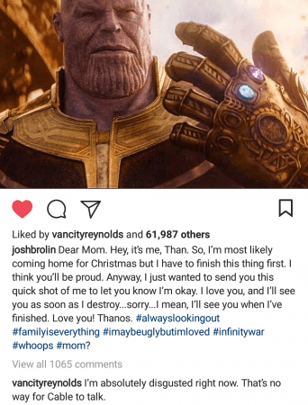 Ryan Reynolds' reaction to Thanos actor Josh Brolin's Avengers: Infinity War announcement Ryan Reynolds reaction to Thanos Avengers infinity War