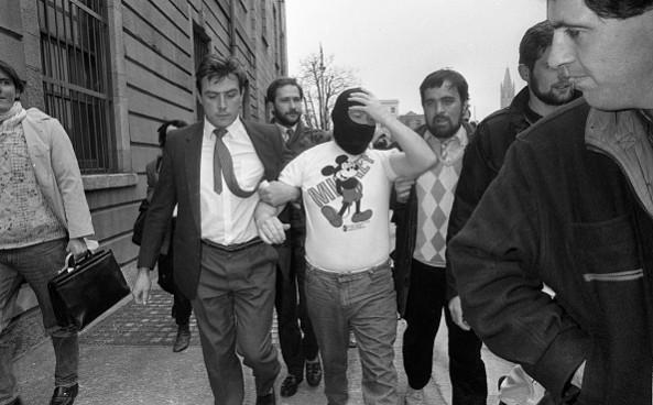 Irish criminal Martin Cahill (known as 'The General'), his face hidden with a balaclava, outside the Dublin District court, Dublin, Ireland, April 14, 1988 martin cahill, ireland