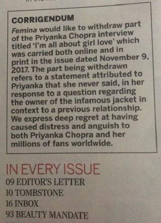 Femina apologises to Priyanka Chopra Femina apologises to Priyanka Chopra