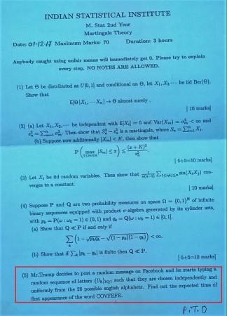 Indian statistical institute used the word COVFEFE in question number 5. Representational Image