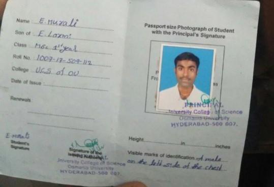 In picture: Identity card of E Murali. E Murali