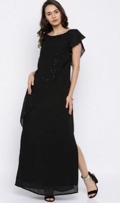 Black Solid Sequinned Maxi Dress