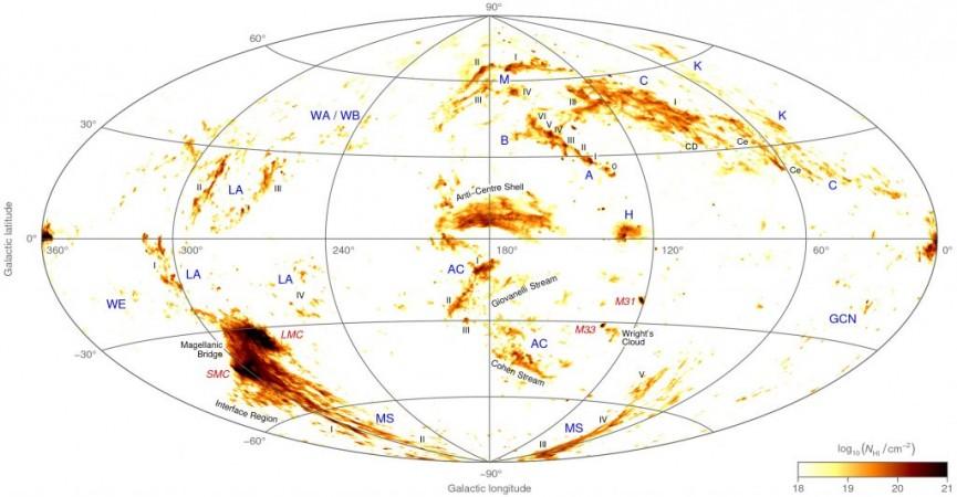 An all-sky map showing the location and column density of neutral hydrogen gas belonging to the high-velocity clouds of the Milky Way and two neighbouring galaxies, the Large and Small Magellanic Clouds. high-velocity clouds,