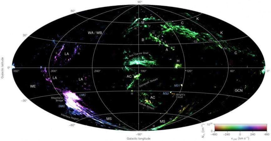A false-colour all-sky map combining the column density and radial velocity of high-velocity neutral hydrogen gas detected by the HI4PI survey. Brightness corresponds to column density and hue to radial velocity. high-velocity cloud, map,