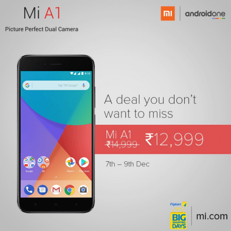 The Mi A1 will be available for Rs 12,999 on both Flipkart and Mi.com from december 7 to December 9 Xiaomi Mi A1