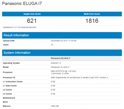 The Panasonic Eluga I7 Geekbench listing (screenshot) Panasonic Eluga I7