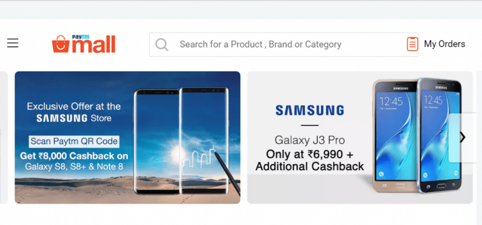 Paytm Mall Samsung Galaxy Note 8, Galaxy S8, S8 Cashback (screenshot) Samsung Galaxy Note 8 Paytm