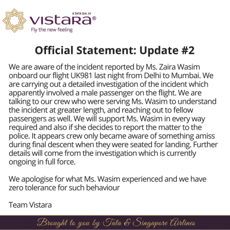 Vistara statement on Zaira Wasim's molestation. Vistara statement