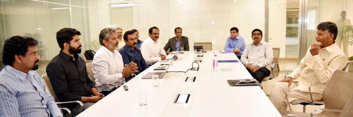 SS Rajamouli and his son Karthikeya at the meeting with Chief Minister Chandrababu Naidu SS Rajamouli and his son Karthikeya at the meeting with Chief Minister Chandrababu Naidu
