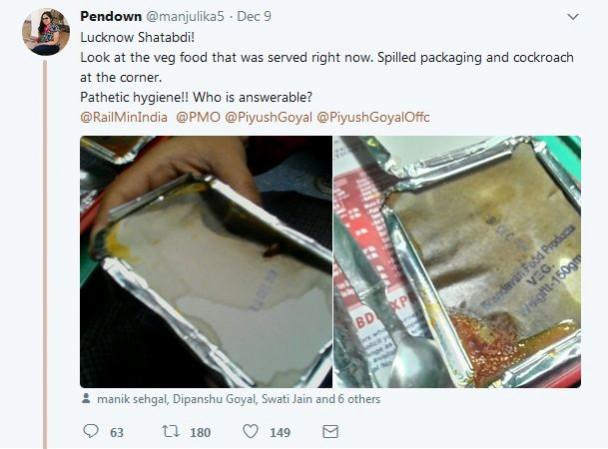 Manjulika Pramod's tweet to the Railway Ministry detailing her plight. Cockroach