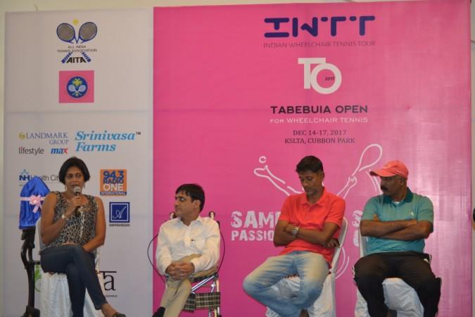 From left Chief guest Reeth Abraham, Astha founder Sunil Jain, former tennis start Prahlad Srinath and KSLTA Chief Coach BM Ramesh Reeth Abraham and Srinath Prahlad at launch of Wheelchair Tennis tournament in Bengaluru