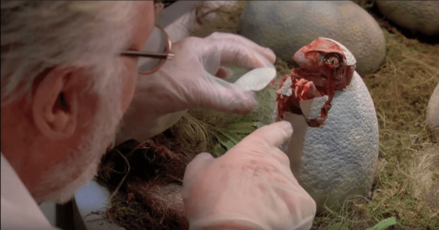A clip from the movie, Jurassic Park, where in mosquitoes trapped in amber fossils were used to resurrect dinosaurs. jurassic park