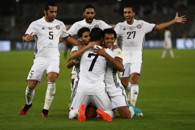 Ali Mabkhout of Al-Jazira celebrates scoring the first goal with team mates during the FIFA Club World Cup match between Al Jazira and Urawa Red Diamonds at Zayed Sports City Stadium on December 9, 2017 in Abu Dhabi, United Arab Emirates al jazira club