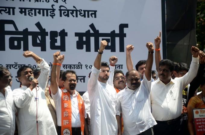 Shiv Sena leader Aditya Thackeray (C) during a protest rally against petrol and diesel price hike in Mumbai on September 23, 2017. Aditya Thackeray protest-petrol price