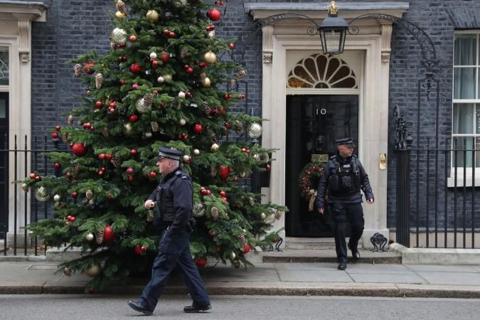 Christmas tree at 10 Downing Street in central London on December 6, 2017 Christmas tree