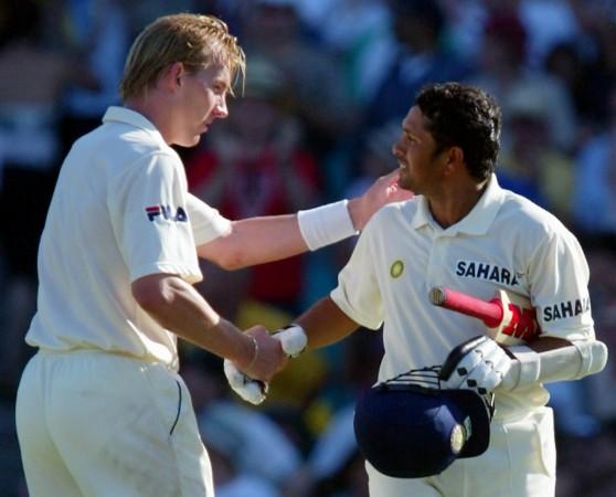 Sachin Tendulkar (right) is congratulated by Brett Lee after making his double century during the second day of the fourth Test at the Sydney Cricket Ground on January 3, 2004. Sachin Tendulkar Brett Lee