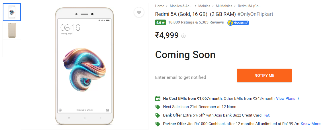Xiaomi Redmi 5A on Flipkart