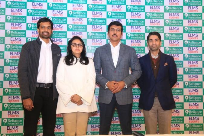 Advisor of ELMS sports Mr. P Gopichand, ELMS Sports Founder Mrs. Vita Dani, Minister of Youth Affair & Sports (IND) Mr. Rajyavardhan Singh Rathore, Mr. Abhinav Bindra, advisor of ELMS Sports during the launch of ELMS Sports in Delhi today Abhinav Bindra and Pullela Gopichand