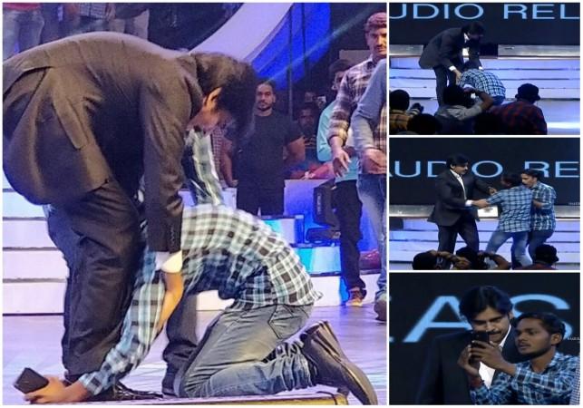 Pawan Kalyan's gesture towards his fan at Agnyaathavaasi audio launch Pawan Kalyan's gesture towards his fan at Agnyaathavaasi audio launch