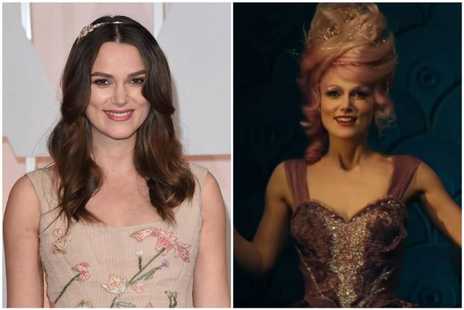In the latest teaser of the movie released just hours ago, Keira (L) is seen sporting an eccentric, pastel ensemble and an over the top, huge, bright pink wig as she transforms into the Sugar Plum Fairy (R). keira knightley the nutcracker