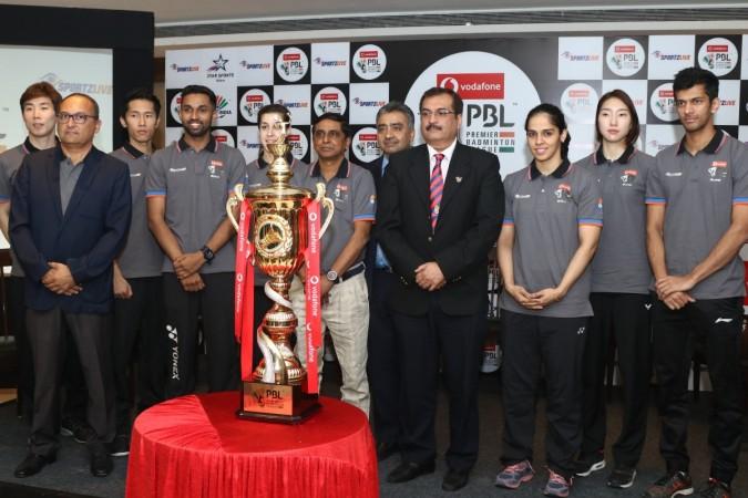 Son Wan Ho (Mumbai Rockets),Managing Director Sportzlive Mr. Atul Pande, Tian Houwei (Delhi Dashers), H.S Prannoy (Ahmadabad Smash Masters) Carolina Marin (Hyderabad Hunters), Executive Director Mr. Prasad Mangipudi, Mr. Mayur Parikh (EC Member, BAI), Mr. Anup Narang (Gen.Sec, BAI), Saina Nehwal (Awadhe Warriors),Sung Ji Hyun (Delhi Dashers), Ajay Jayaram (North Eastern Warriors) PBL