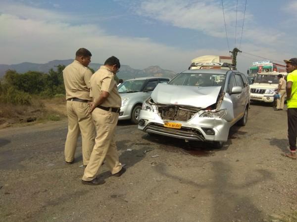 In picture: The police at the site where Union Heavy Industries Minister Anant Geete met with an accident while on a tour of his home district, in Raigad, Maharashtra on December 22, 2017. According to the police, the accident occurred when the minister's motorcade was proceeding from Khopoli to Pali and a pilot car hit Geete's vehicle. Geete suffered minor head injuries and was rushed to a hospital in Pali before he proceeded for his engagements. Anant Geete accident