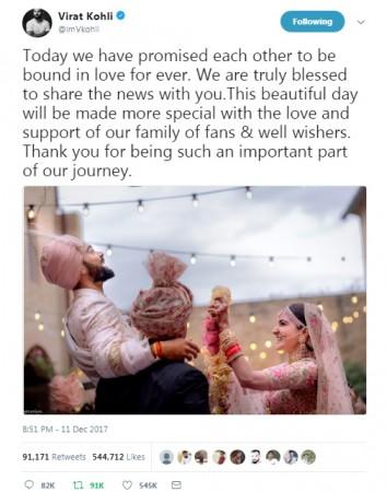 The 'Golden Tweet' of 2017, as per Twitter India: Virat Kohli weds Anushka Sharma kohli, twitter
