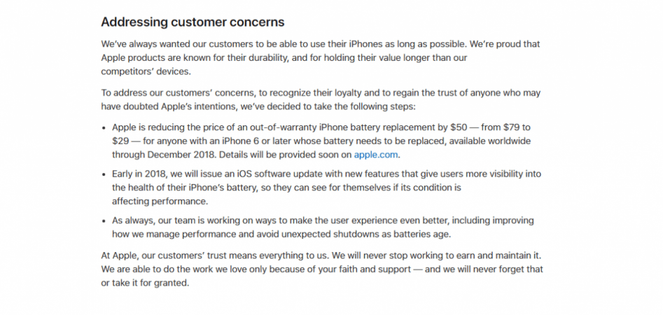 A screenshot of the updated post on Apple.com Apple battery replacement