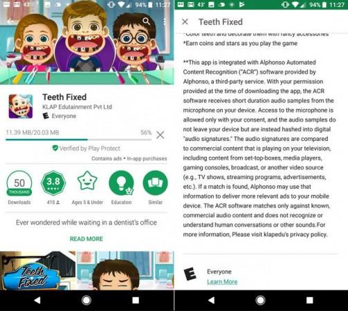 The description section on Play Store of the apps using the software details the use of the phone's microphone. Teeth Fixed game