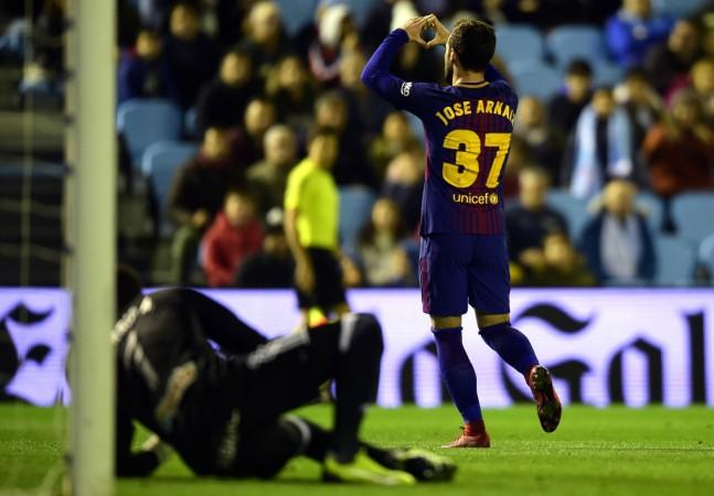 Barcelona's Spanish forward Jose Arnaiz celebrates after scoring a goal during the Spanish Copa del Rey (King's Cup) football match RC Celta de Vigo vs FC Barcelona at the Balaidos stadium in Vigo on January 4, 2018 jose arnaiz