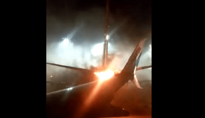 The video image shows flames as the two planes collided in the Toronto airport. fire in toronto airport