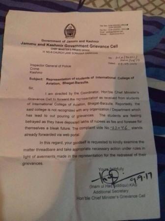 Jammu and Kashmir Government Grievance Cell forwarded the issue to the Inspector General of Police (Crime). j&k grievance cell