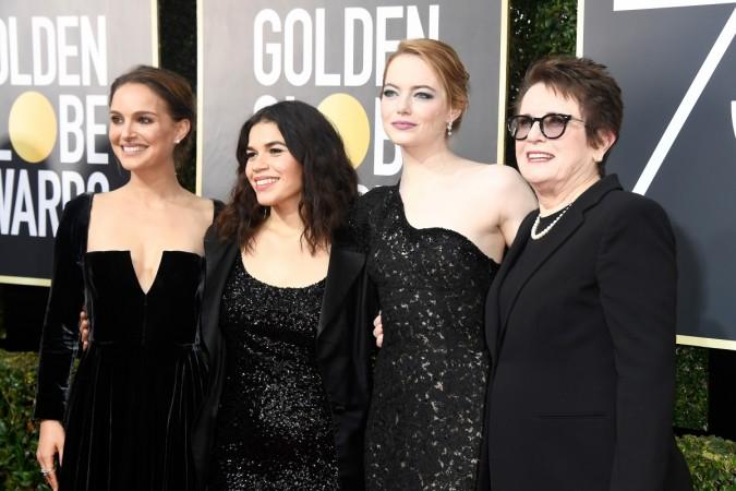(L-R) Natalie Portman, America Ferrera, and Emma Stone, and former tennis player Billie Jean King attend The 75th Annual Golden Globe Awards at The Beverly Hilton Hotel on January 7, 2018 in Beverly Hills, California. golden globes