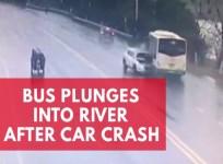 Bus plunges into river after car crash in China