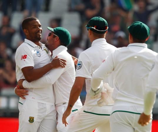 Vernon Philander (left) celebrates with team-mates after dismissing Mohammed Shami (not pictured) on Monday (January 8) during the first Test in Cape Town. Vernon Philander