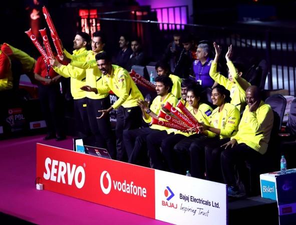Players in Chennai Smashers' dugout cheering for their teammate during PBL 3 PV Sindhu