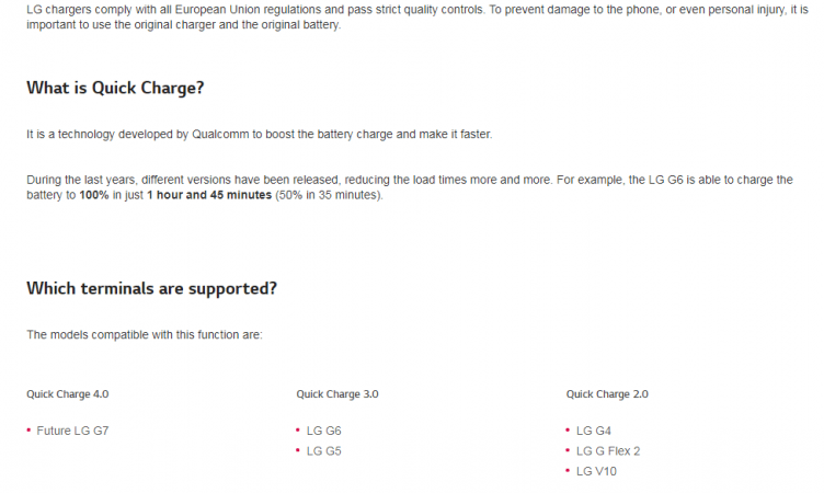 The LG G7 name has been mentioned in this LG UK webpage describing Qualcomm's Quick Charge 4.0 technology. (screenshot) LG UK lists LG G7