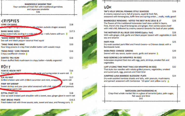 The list of food names in the menu at Bamboozle. nz food menu