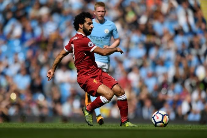 Liverpool player Mohamed Salah in action during the Premier League match between Manchester City and Liverpool at Etihad Stadium on September 9, 2017 in Manchester, England. Kevin de Bruyne looks on at the back. liverpool
