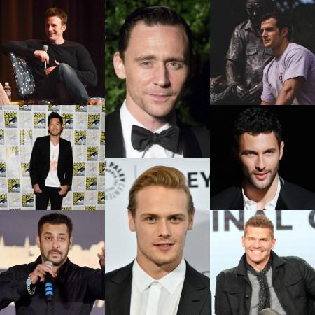 Left vertical: Chris Evans. Godfrey Gao and Salman Khan Middle: Tom Hiddleston and Sam Heughan Right vertical: Henry Cavill, Noah Mills and David Boreanaz Top 10 most handsome actors 2018