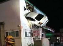 A car flew through the air and landed in a two-storey building in Santa Ana, California