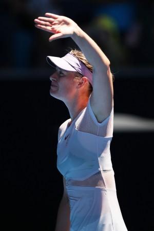 Maria Sharapova of Russia celebrates winning her first round match against Tatjana Maria of Germany on day two of the 2018 Australian Open at Melbourne Park on January 16 sharapova