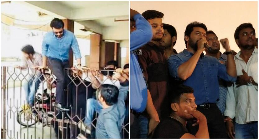 Suriya jumping off the back gate at the Menaka theatre in Rajahmundry