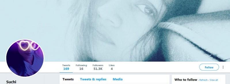 A screen shot of fake Suchitra Karthik's account. The Twitter Handle of Fake Suchitra Karthik's Account