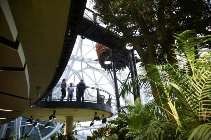 People tour the new Amazon Spheres, seen from the main floor, during an opening event at Amazon's Seattle headquarters in Seattle, Washington, U.S., January 29, 2018. The Spheres, made up of 2,643 glass panels, house over 40,000 plants from 400 species. People tour the new Amazon Spheres, seen from the main floor, during an opening event at Amazon's Seattle headquarters in Seattle, Washington, U.S.