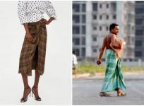 Zara's skirt (L), A man wearing lungi in India