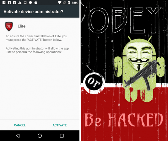 Screenshots of Trojan.AndroidOS.Soceng.f. Android malware
